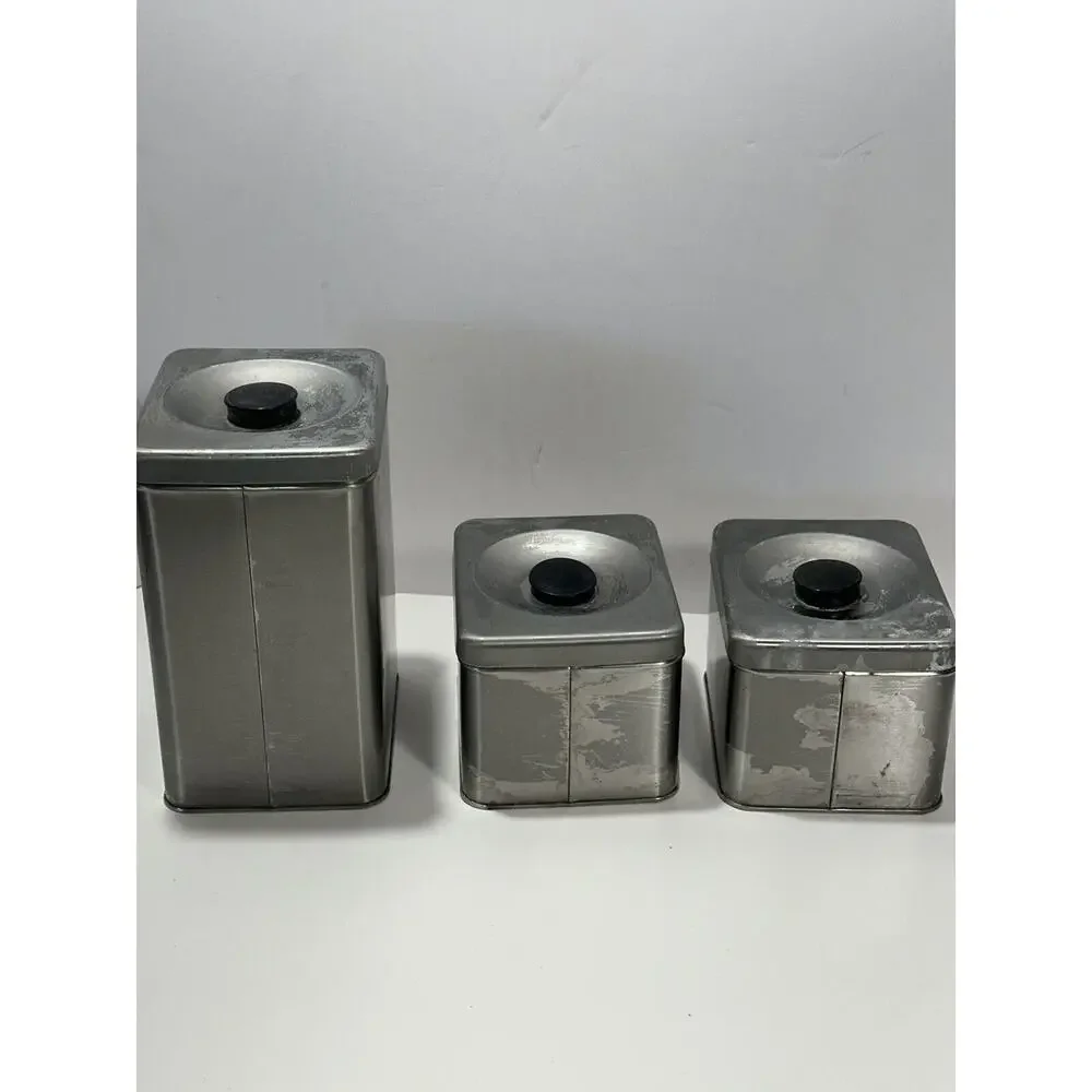 Vintage MCM Lincoln Beautyware Chrome 3 Canister Box Set Tea Sugar‎ Coffee READ